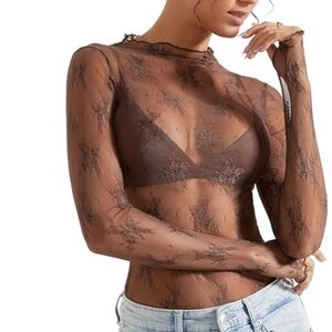 Mesh Longsleeve Mockneck Top - Chocolate Brown